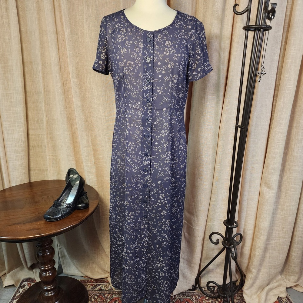 Vintage Bass Size 8 Navy Sheer Floral Button Front Maxi Dress 90s Grunge